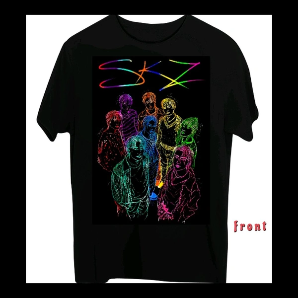 STRAY KIDS KPOP GROUP SKZ ILLUSTRATION MULTICOLOR ART PRINTED BLACK T-SHIRT. - Black, S 38