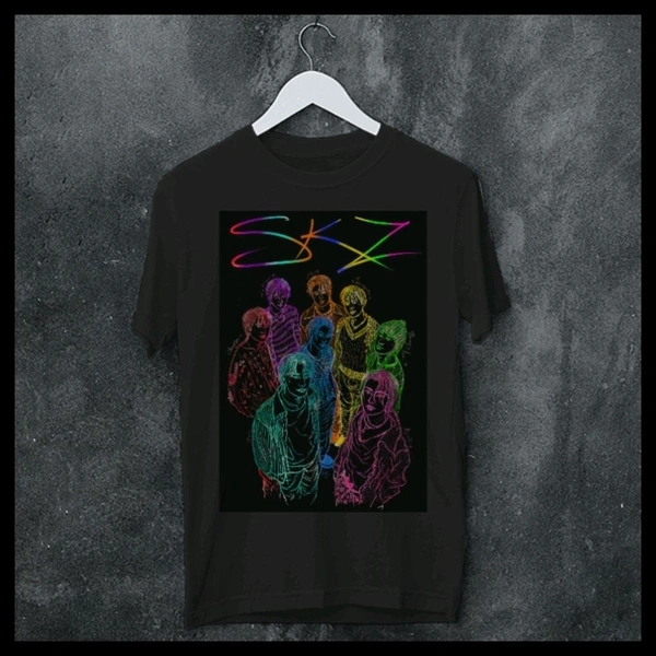 STRAY KIDS KPOP GROUP SKZ ILLUSTRATION MULTICOLOR ART PRINTED BLACK T-SHIRT. - Black, S 38