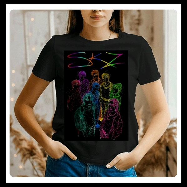 STRAY KIDS KPOP GROUP SKZ ILLUSTRATION MULTICOLOR ART PRINTED BLACK T-SHIRT. - Black, S38