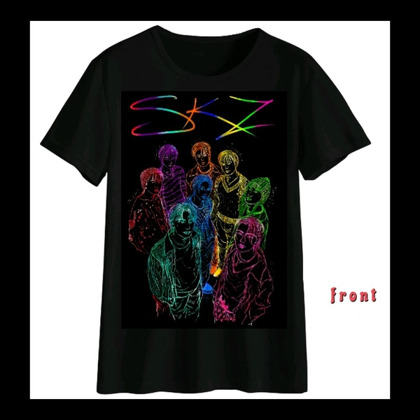 STRAY KIDS KPOP GROUP SKZ ILLUSTRATION MULTICOLOR ART PRINTED BLACK T-SHIRT. - Black, S38
