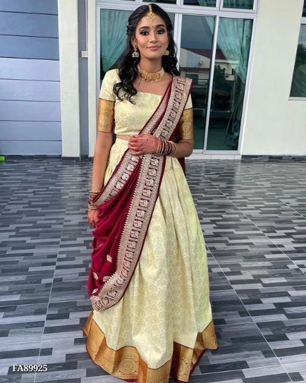 Catalog Name: *saree**RT A 71*🔥ROYALSTYLE LADY SOUTH HIT 🔥🎯Lehanga : 3.30meters {MATERIAL}🎯Blouse : 0.85 JACARD WEAVING PURE ZARI GOLDEN 🎯Voni : 2.50 mtr WITH ZARI WEAVING MARRON SPARROW KANJIWARAM FIGURE🎃WIGHT:-890 GRAMS 🔥COLOR:-PESTEL LIGHT TRUSSER WHITE WITH GOLDEN CHARMFULL WEAVING *free shipping /-*AFFORDABLE RATE *🎯Ready Stock👑* - GOLDEN