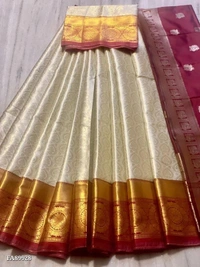 Catalog Name: *saree**RT A 71*🔥ROYALSTYLE LADY SOUTH HIT 🔥🎯Lehanga : 3.30meters {MATERIAL}🎯Blouse : 0.85 JACARD WEAVING PURE ZARI GOLDEN 🎯Voni : 2.50 mtr WITH ZARI WEAVING MARRON SPARROW KANJIWARAM FIGURE🎃WIGHT:-890 GRAMS 🔥COLOR:-PESTEL LIGHT TRUSSER WHITE WITH GOLDEN CHARMFULL WEAVING *free shipping /-*AFFORDABLE RATE *🎯Ready Stock👑* - GOLDEN