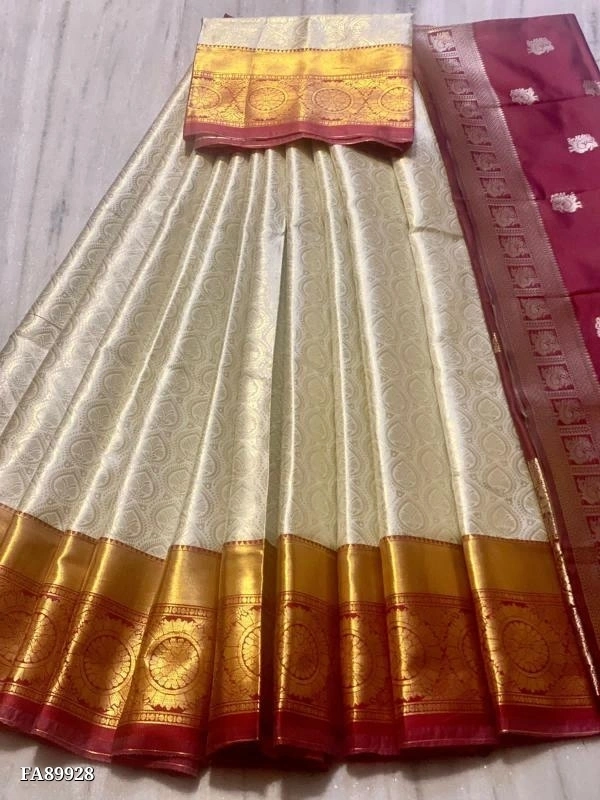 Catalog Name: *saree**RT A 71*🔥ROYALSTYLE LADY SOUTH HIT 🔥🎯Lehanga : 3.30meters {MATERIAL}🎯Blouse : 0.85 JACARD WEAVING PURE ZARI GOLDEN 🎯Voni : 2.50 mtr WITH ZARI WEAVING MARRON SPARROW KANJIWARAM FIGURE🎃WIGHT:-890 GRAMS 🔥COLOR:-PESTEL LIGHT TRUSSER WHITE WITH GOLDEN CHARMFULL WEAVING *free shipping /-*AFFORDABLE RATE *🎯Ready Stock👑* - GOLDEN