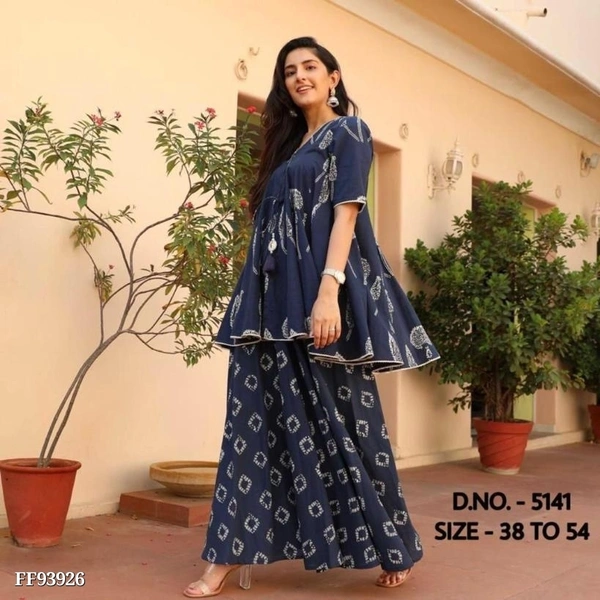 Heavy Rayon 14 Kg. best Quality Fabric Kurti (Length - 36”) With Dori & Tussels, Print Work, Full Flared + Rayon Fabric Flared Palazzo With Print Work** - Black, 6XL