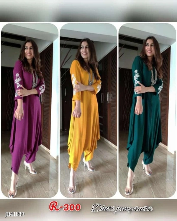Dhoti jumpsuit with a concealed zip in the front. Embroidery on the sleeves.other name of comfort* - multicolored, Sizes-(34-44)(XS-XXL)plus