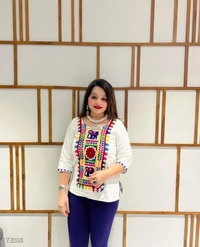 Top  Cotton*🪢WORK*    : Embroidery Work With Real Mirror - zc  - White, M