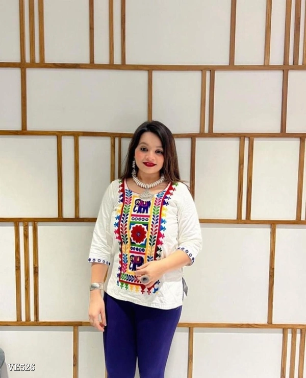 Top  Cotton*🪢WORK*    : Embroidery Work With Real Mirror - zc  - White, XL