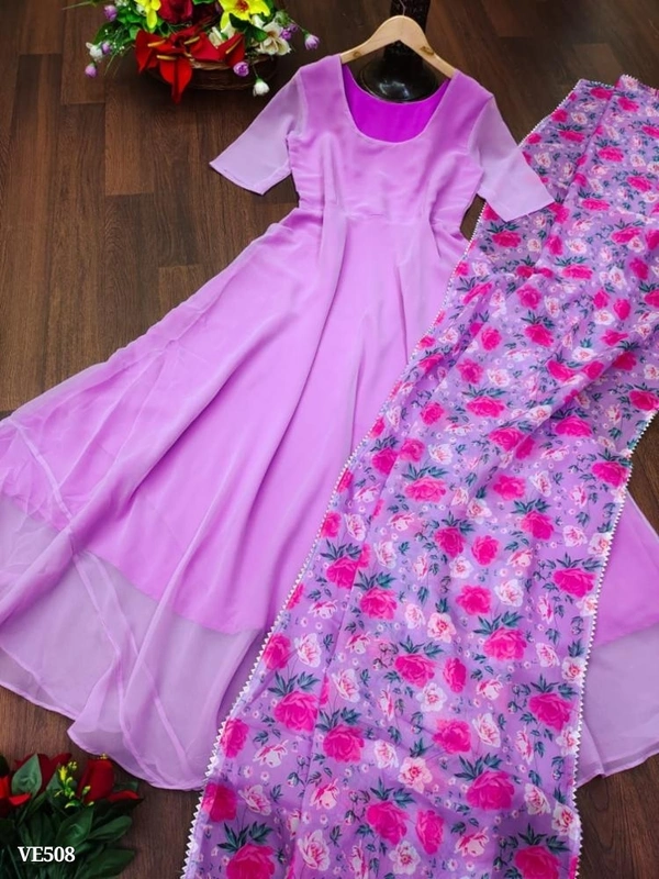 Faux  Catalog Name: *Gown With Dupatta*PREMIUM DESIGNER GOWN-DUPATAThis gown is fashioned on Faux Georgette which is lightweight and assures the wearer a perfect fit & comfort*GOWN  - Pink Lace, L