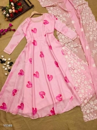 Organza  Suit With Dupatta*Summer Wedding fashion fusion Ohh the Season Of Dressing Up is a therapy to girls  we are just giving you reason This Soothing Blue heaven  Organza Dress Suit With a Beautiful  Lucknow Embroidery Details - Pink Lace, L
