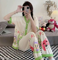 Imported  2 Piece Nightwear 🙎*👗 *Beautiful  2023 New  Printed Half sleeved V-Neck Lady Casual (2pic) Sleepwear NightSuit*👗Fabric - imported - multicolored, Free