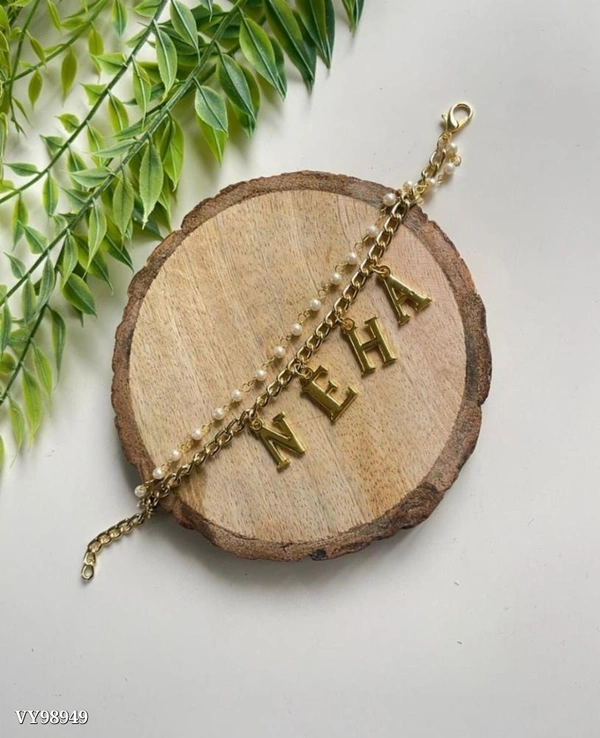Gold  Catalog Name: *Personalized Whitemoti Bracelet**Rakshabandhan Offer*‼️ *white Moti bracelet for her*‼️👉Can be used as lumba and bracelet👉Price inclusive of 5 letters👉 Extra 50Rs. for each extra letter😊😄 - Golden Fizz, FREE