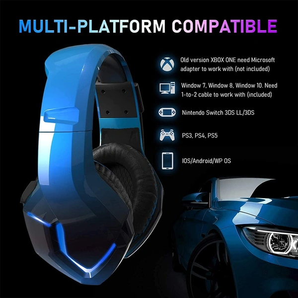 Seekart Premium K19 Gaming Headset with Microphone,Gaming Headphones Stereo 7.1 Surround Sound PS4 Headset 50mm Drivers,3.5mm Audio Jack Over Ear Headphones Wired for PC,PS4,PS5,Laptop,Mac,iPad (Blue) - Blue