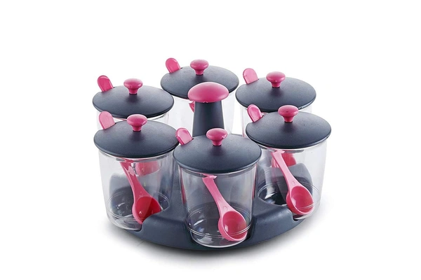 GIRNES Multipurpose Pickle & Dry Fruit Jar, Container With Stand For Dining Table - Multi Color (6 Pcs Set) - Multicolor