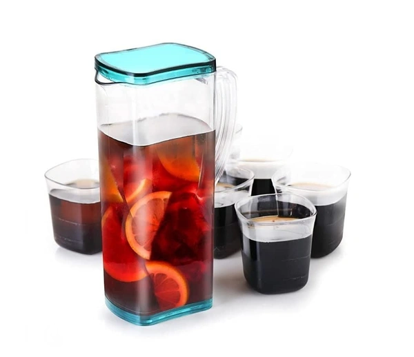GIRNES Premium Plastic Transparent Unbreakable Lemon Juice Jug Set and 6 pcs Glass (Square)