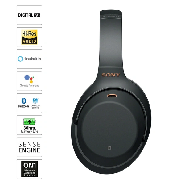 Sony WH-1000XM3 Bluetooth Wireless Over Ear Headphones with Mic (Black) - Black