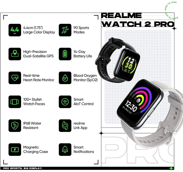 Realme realme Smart Watch 2 Pro (Space Grey) with 4.45 cm (1.75") HD Super Bright Touchscreen, Dual-Satellite GPS, 14-Day Battery, SpO2 & Heart Rate Monitoring, IP68 Water Resistance - Black