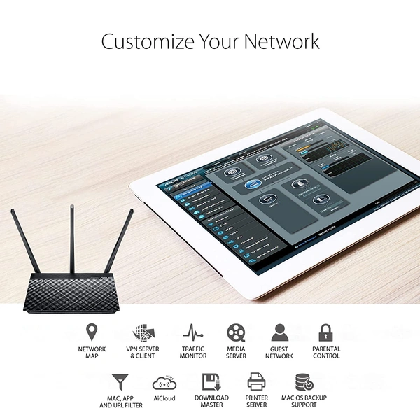 ASUS RT-AC53 AC750 Dual Band WiFi Router (Black) with high Power Design, VPN Server and time scheduling