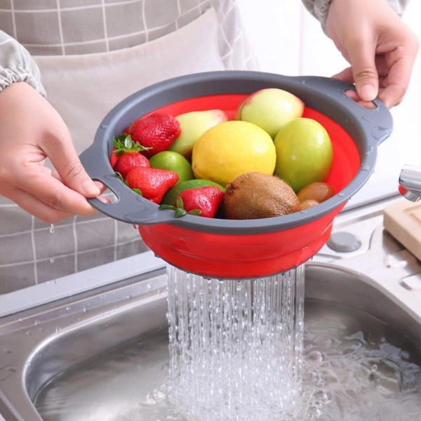 Seekart Premium Silicone Round Food Strainer 1 Pcs Foldable Fruit Vegetables Washing Bowl Drying Basket with Handle Drain Holes/Silicone Storage Organizer Drainer Basket Collapsible