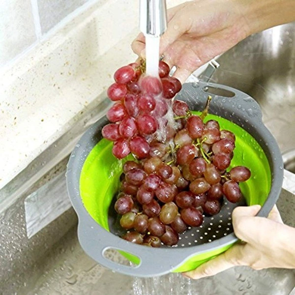Seekart Premium Silicone Round Food Strainer 1 Pcs Foldable Fruit Vegetables Washing Bowl Drying Basket with Handle Drain Holes/Silicone Storage Organizer Drainer Basket Collapsible