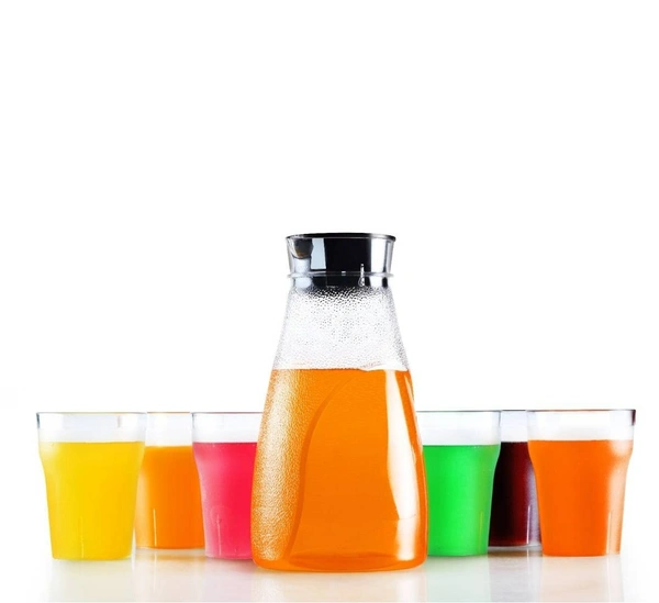 GIRNES Premium Round Jug with Glass Set of 6 Pcs - Unbreakable Plastic 2 Liter Jug with Lid and Handle, Kitchen Accessories Items, Perfect for Your Favorite Beverage Juice, Water, Dining Table Serve