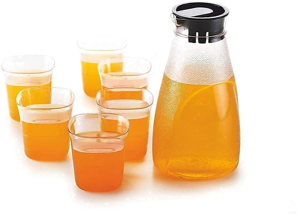 GIRNES Premium Round Jug with Glass Set of 6 Pcs - Unbreakable Plastic 2 Liter Jug with Lid and Handle, Kitchen Accessories Items, Perfect for Your Favorite Beverage Juice, Water, Dining Table Serve