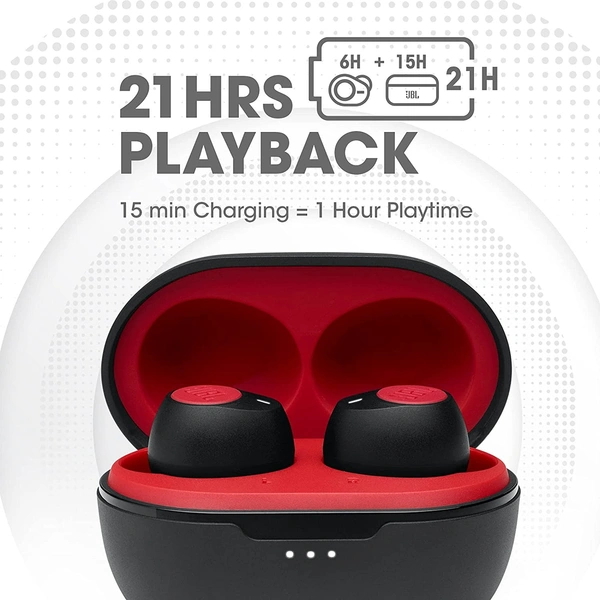 JBL C115 True Wireless in Ear Earbuds with Mic, Jumbo 21 Hours Playtime with Quick Charge, True Bass, Dual Connect, Bluetooth 5.0, Type C and Voice Assistant Support for Mobile Phones (Red)