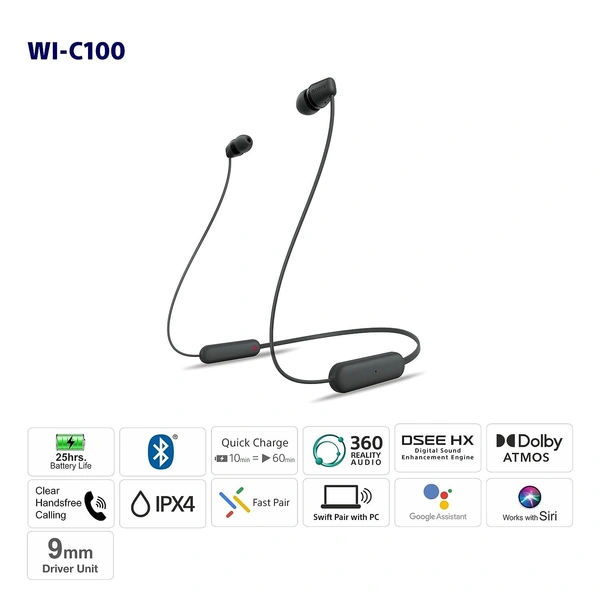 Sony WI-C100 Wireless Headphones with Customizable Equalizer for Deep Bass & 25 Hrs Battery, DSEE-Upscale, Splash Proof, 360RA, Fast Pair, in-Ear Bluetooth Headset with mic for Phone Calls (Black)