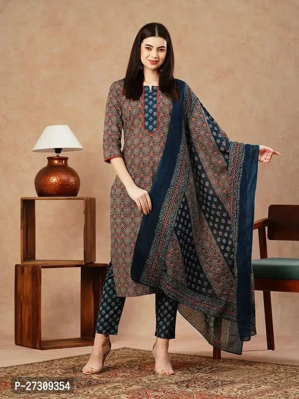 Fancy Cotton Blend Kurta Bottom And Dupatta Set For Women