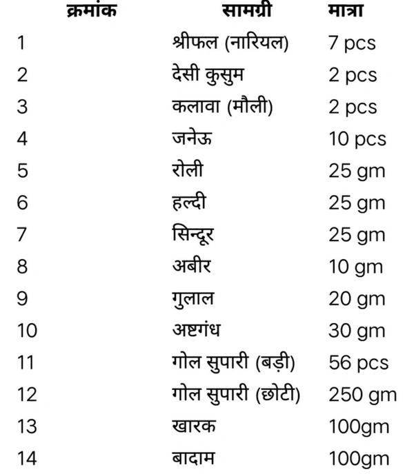 गृह -प्रवेश पूजा सामग्री संग्रह (सामान्य )