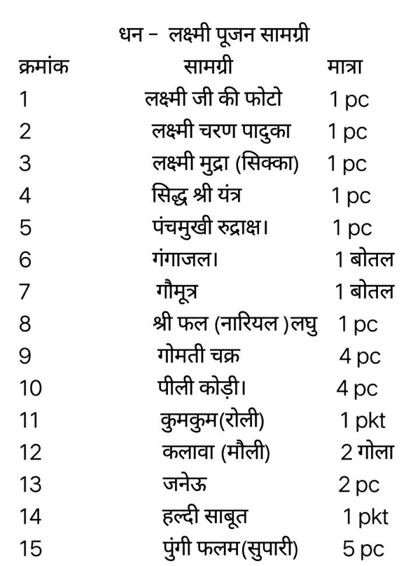 धन -लक्ष्मी पूजन सामग्री संग्रह ( महा लक्ष्मी)