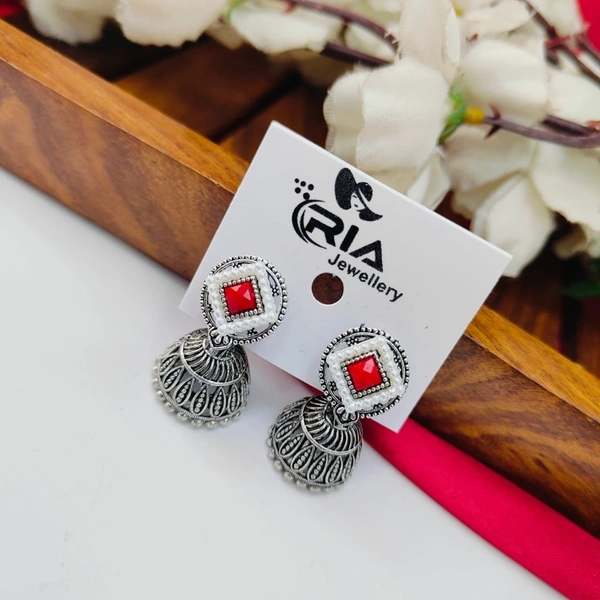 Sisterhood silver  Jhumkas17 - Red