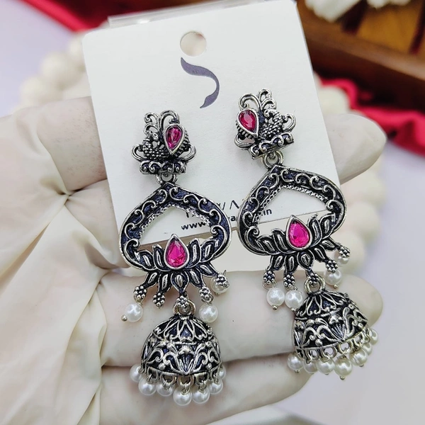 Sisterhood German Silver Jhumka 6 - Magenta / Fuchsia