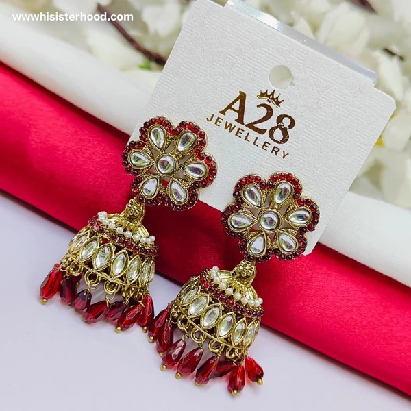 Flower Kundan Earring 9 - Bright Red