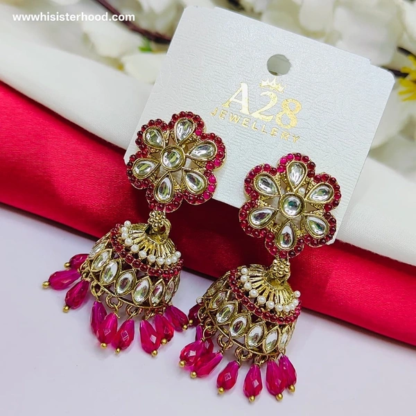 Flower Kundan Earring 11 - Red Violet