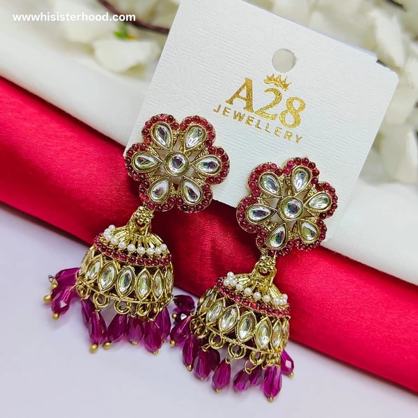 Flower Kundan Earring 2 - Fuchsia Pink