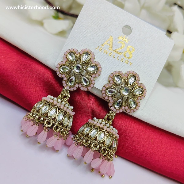 Flower Kundan Earring 6 - Pink Lace