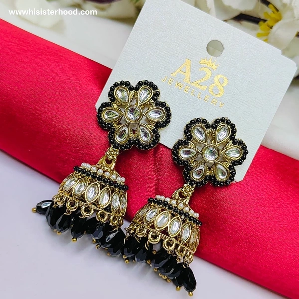 Flower Kundan Earring 8 - Black