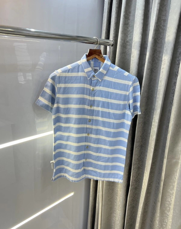 Zara Sky Blue Stripes Linen Premium Half Shirt - SIZ S -36 M-38 L-40 Xl-42 Xxl-44
