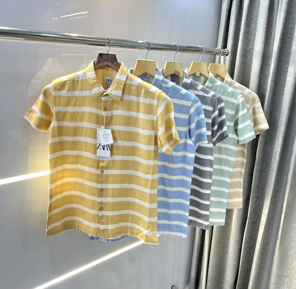 Zara Sky Blue Stripes Linen Premium Half Shirt - SIZ S -36 M-38 L-40 Xl-42 Xxl-44