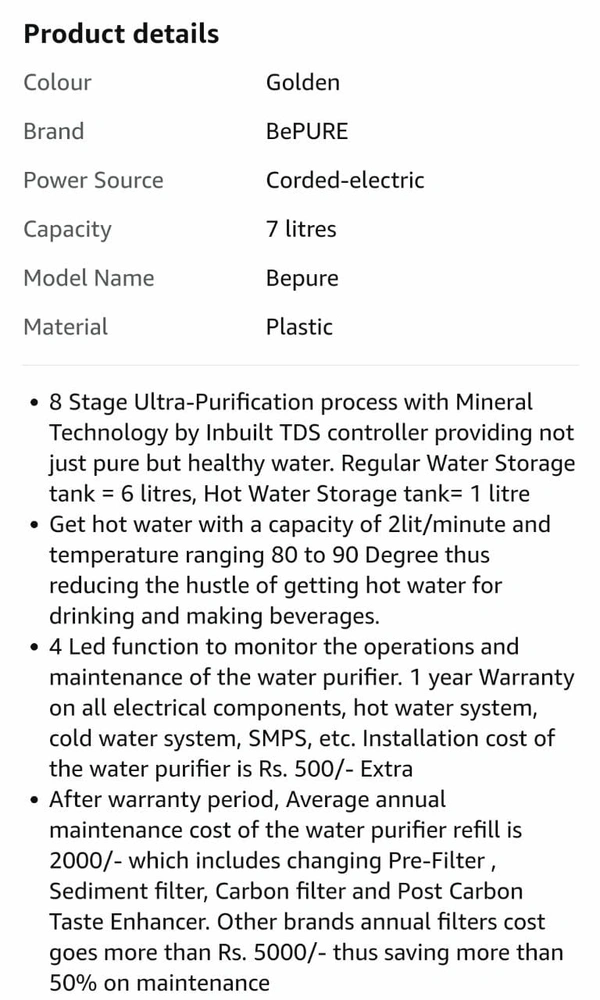 BePURE Water Purifier  - Golden, 7 Ltr