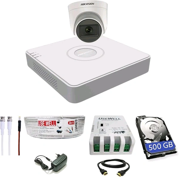 HIKVISION 4 Channel DVR with 5 MP 1 Dome Cameras with Audio Recording + 500 GB HDD + (3+1) Cable roll + 4 CH Power Supply + USEWELL BNC & DC Full Combo Kit66%off - 1