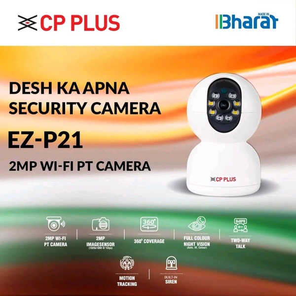 CP PLUS  CP-Plus 2MP P21 Smart Wi-fi CCTV Camera | 360° & Full HD Home Security | Full Color Night Vision | 2-Way Talk | - White, 1