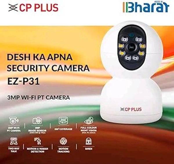 CP PLUS 3MP Smart Wi-fi CCTV Camera | 360° & Full HD Home Security | Full Color Night Vision | 2-Way Talk | Advanced Motion Tracking | SD Card Support (Upto 256GB) | IR Distance 20Mtr | EZ-P31 - White, 2