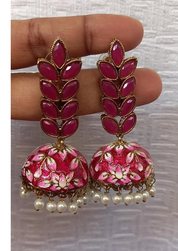 Meenakari Leaf Jhumki - Medium, Rani Pink