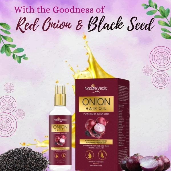 Nature Vedic Onion Hair Oil for Silkier & Stronger Hair Enriched with Black Seed, Amla, Neem, Shikakai and Coconut Oil - 100 ml