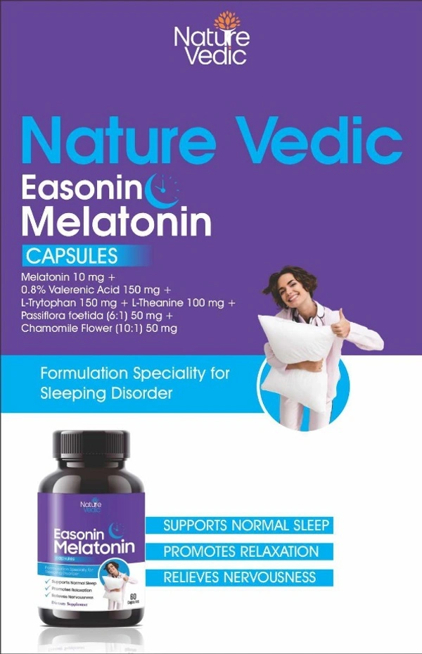 Nature Vedic Easonnin Melatonin Capsules With Valerian Root For Healthy Sleep & Relaxation -Non Habit Formula | 60 Caps - 60 Capsules