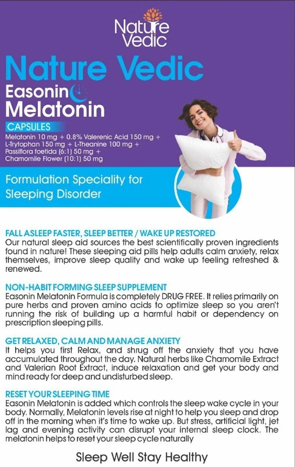 Nature Vedic Easonnin Melatonin Capsules With Valerian Root For Healthy Sleep & Relaxation -Non Habit Formula | 60 Caps - 60 Capsules