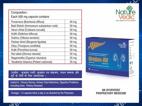 Nature Vedic Urojas - Av Capsules Ayurvedic Formula for Urinary Stones & Infections | 30 Caps - 30 Capsules