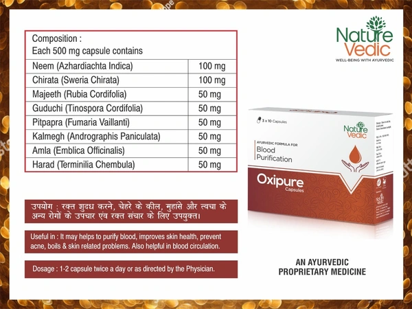 Nature Vedic Oxipure Capsules Ayurvedic Blood Purifier For Pimple Free Skin | 30 Caps - 30 Capsules
