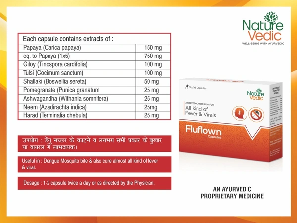 Nature Vedic Fluflown Capsules for All Kind of Fever, Swine Flu, Malaria, Loss of platelets | 30 Caps - 30 Capsules